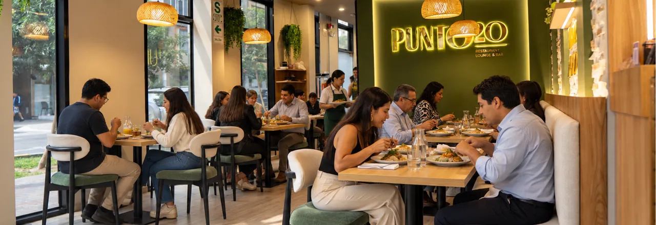 Salón principal de Punto20, primer piso, lleno de comensales